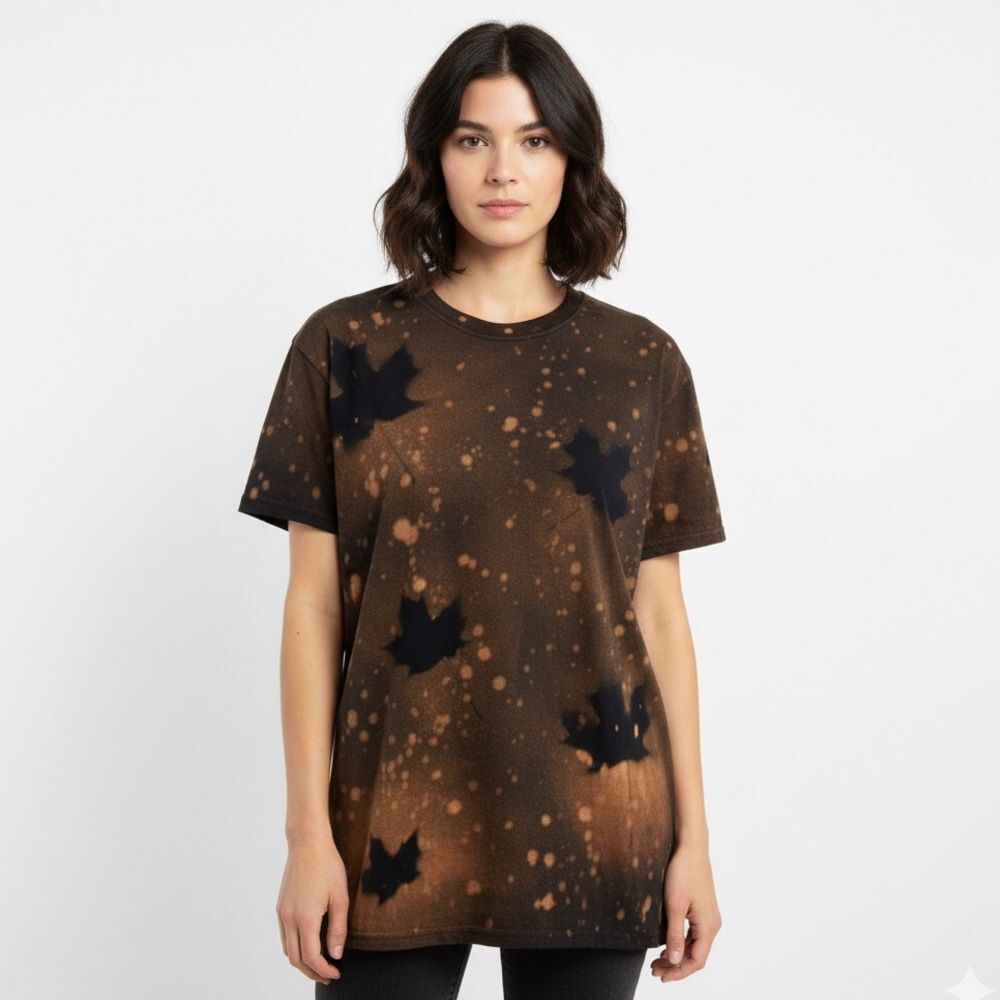 NEW Hand Dyed Black & Orange Maple Leaf Reverse Tie-Dye Bleach-Dyed T-Shirt Med